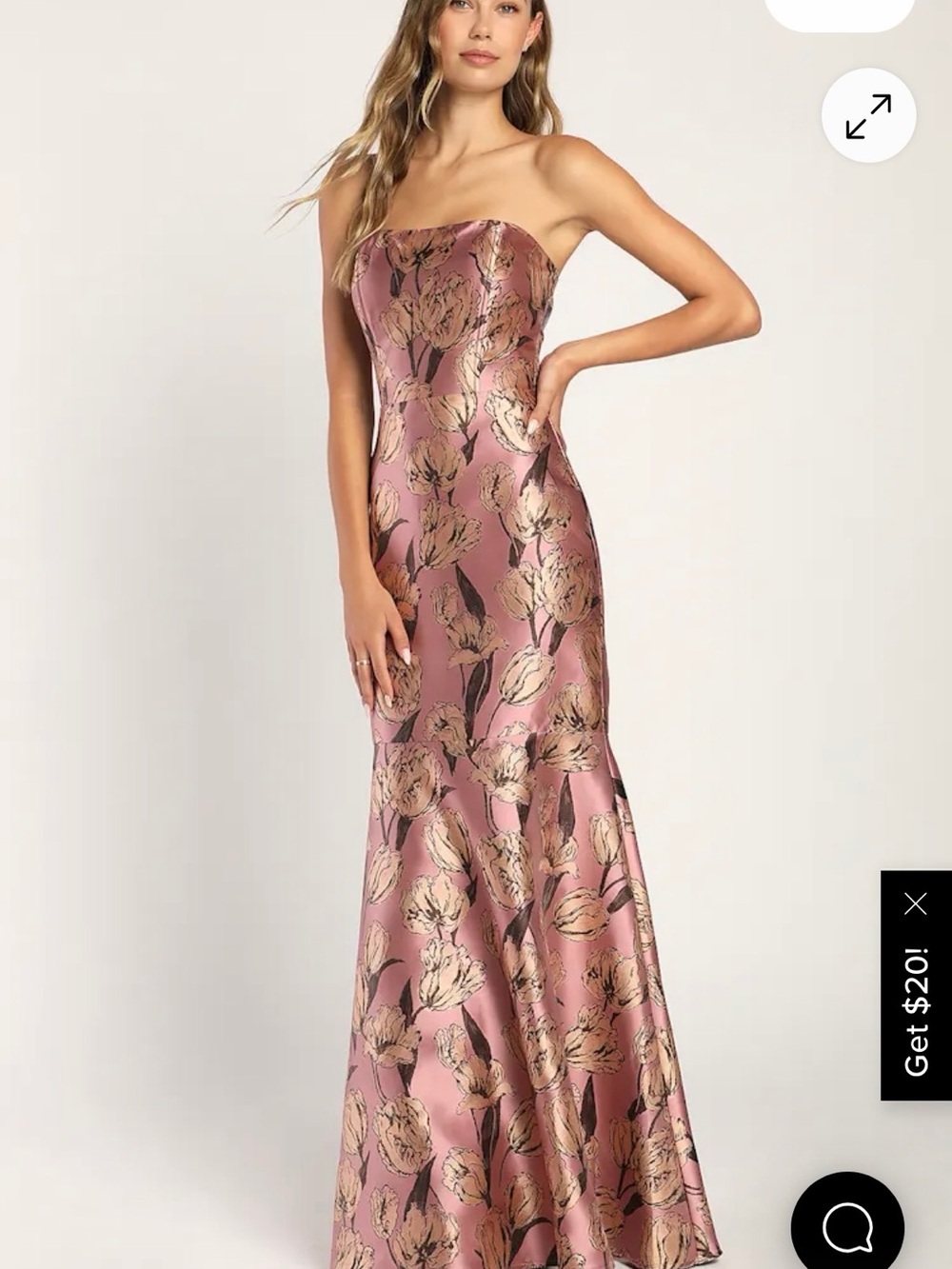 Lulu's Rose Metallic Floral Strapless Maxi Gown
